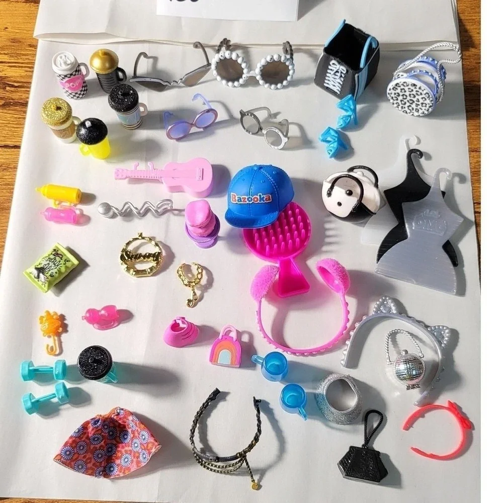 43 Barbie Accessories Lot: Purse Headband Necklace Toy Food Drink Shoes